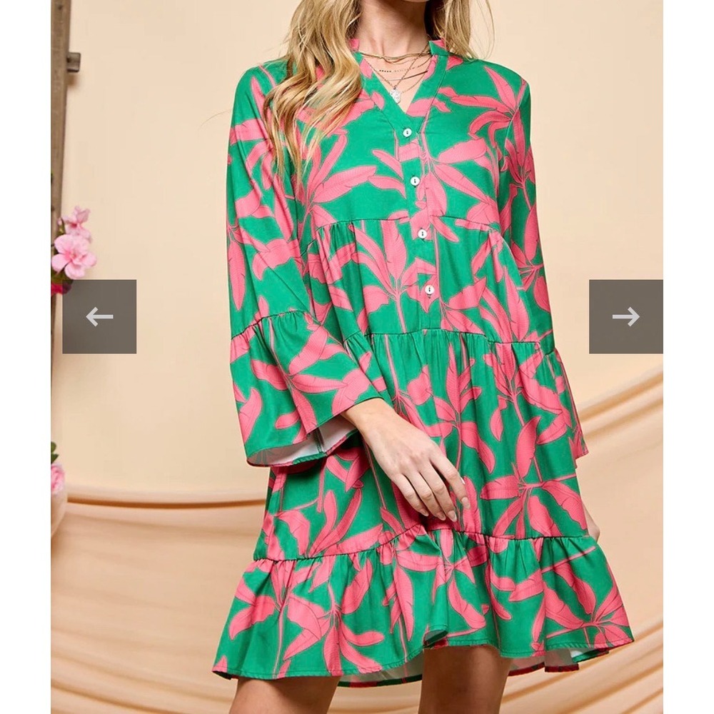 Green Pink Tropical Leaf Tiered Babydoll Dress Ruffle Sleeve Preppy Pool Mod S